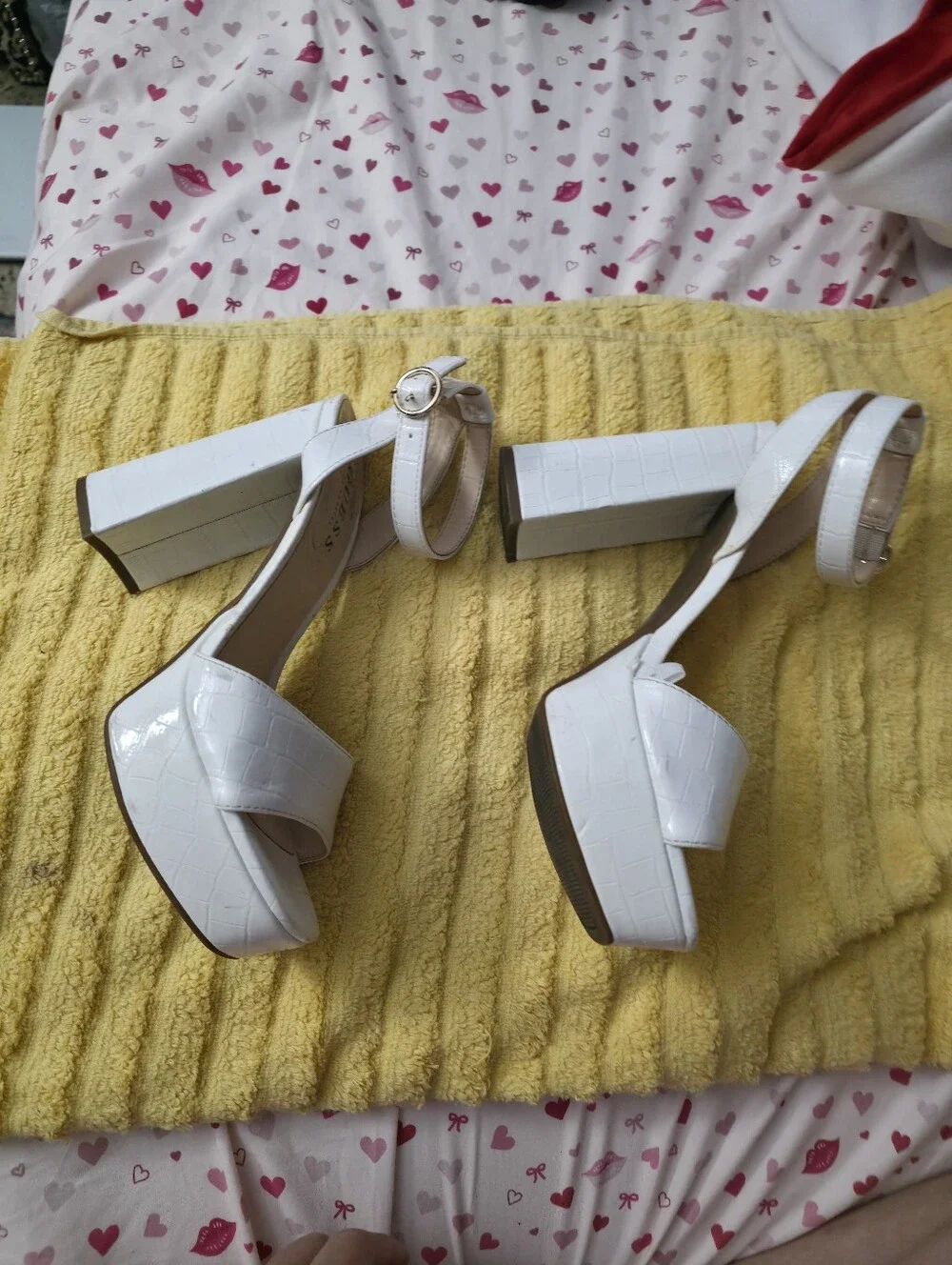 GUESS White Croc-Embossed Ankle Strap Block Heels
